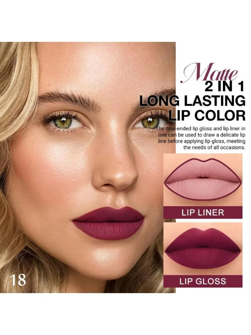18#-Dark Plum 2-in-1 Waterproof Long Lasting Double-Ended Matte Liquid Lipstick